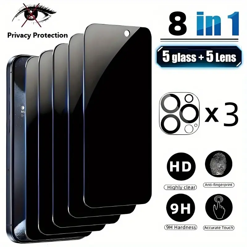 8pcs is suitable for  is suitable for iPhone 15 14 13 16 16E Plus Pro Max 5-piece privacy screen, spy-proof, full-coverage screen, toughened glass protective film and 3-piece camera case. Cellphone Protection