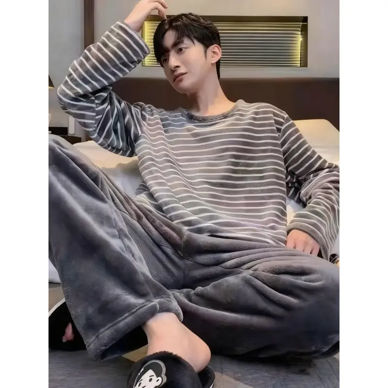 Coral Fleece Pajamas for Men, Autumn and Winter Thickened Fleece Flannel Warm Youth Homewear Thin Set
