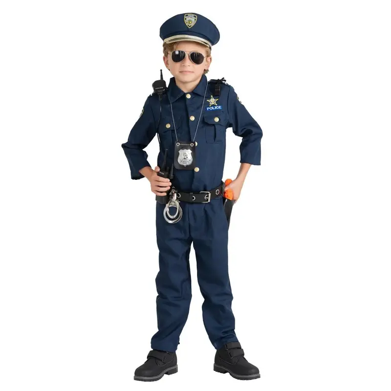 Dress Up America Kids' Navy Blue Collared Police Officer Uniform Set - Shirt, Pants, Hat, Belt, Whistle, Holster, Walkie Talkie, Embroidered Patches - Multi-Size, All-Year - Dress Up, Imaginative Play, Classic Halloween Cosplay Aesthetic Costume