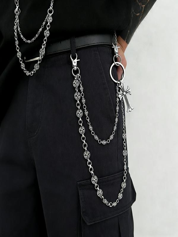 Double Layer Cross Waist Chain, Hip Hop Style, Denim Jeans Chain, Backpack Chain, Sword Bead Decoration, Vintage Punk Wallet Chain