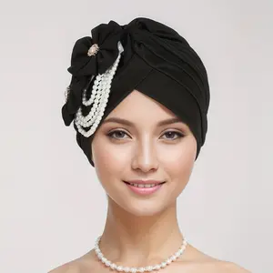 Elegant Women's Black Turban with Floral & Pearl Accents - Stretchy Polyester Head Wrap Beanie |   Fashionable Muslim Headscarf Cap for Chemotherapy Patients |   Hand Washable, Hijab Scarf