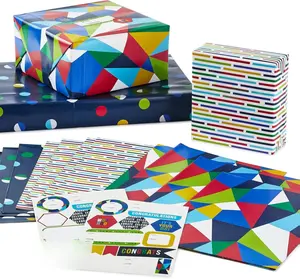 Hallmark Flat Wrapping Paper Sheets with Cutlines on Reverse (12 Folded Sheets with Sticker Seals) Red, Blue, Green, Yellow Geometric, Stripes, Dots for Birthdays, Father's Day, Graduation
