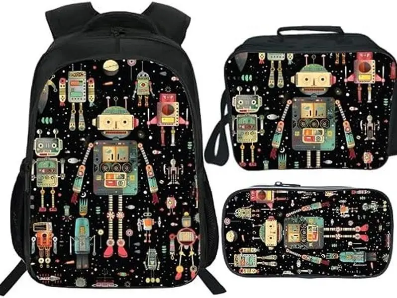 3PCS Kids Retro Cartoon Robot Galaxy Star Backpack Set - Waterproof Large-Capacity School Bookbag with Insulated Lunch Box & Pencil Pouch, Black Starry Background Colorful Vintage Print for Toddler Tech Lovers (Sports & Outdoor Gym Shoulder Bag)