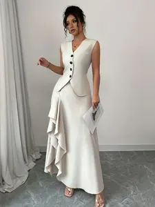 Two-piece women's elegant and stylish white sleeveless V-neck single-row black buttoned vest top with high-waisted slimming irregular ruffled long skirt, perfect for summer, suitable for evening parties, dates, and other occasions Womenswear
