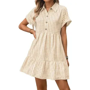 Gingham Dress Women Spring Summer Short Sleeve A Line Button Beach Plaid Mini Sundress