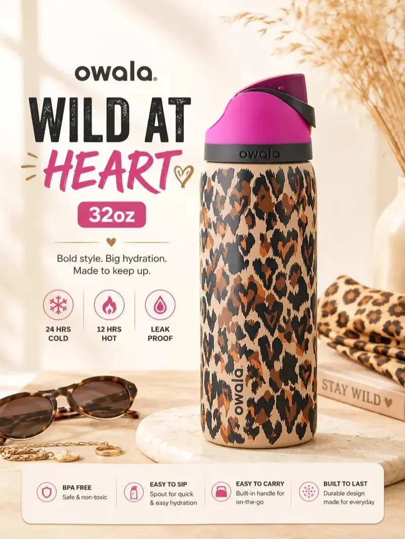 Owala Wild At Heart Leopard Print 32oz Vacuum Flask - Leakproof, Insulated Stainless Steel Tumbler, BPA-Free, On-the-Go Reusable Kitchen Drinkware