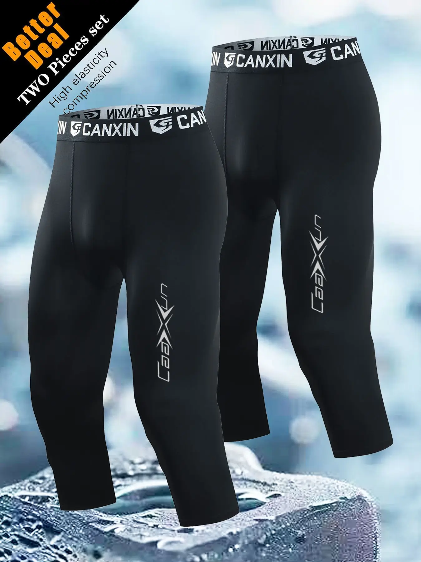 Men's 7/8 Compression Pants Set, Reflective Print, Quick-Dry Breathable Sports Tight Fit, Gym Baseline Layer, Running Basketball Football