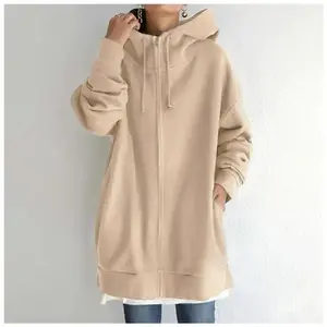 Extra Large S-5XL Women's Loose Hooded Jacket Autumn Women's Tie Long Sleeve Zipper Fleece Extra Long Sweatshirt