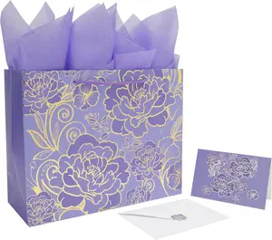 13" Large Rose Purple  Bag Set with Greeting Card and Tissue Paper for Women or Girls for Celebrating Birthdays, Valentine's Day, Weddings, Anniversaries, Mother's Day