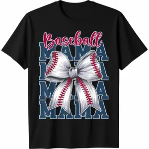 Cotton Short Sleeve T-Shirt Baseball  Bow Baseball Mama Baseball Mom Mothers Day T-Shirt Graphic tees