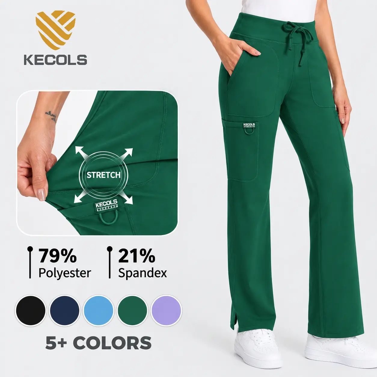 Kecols Women’s Scrub Pants High Rise Straight Leg 5-Pocket Stretch Work Pants with Drawstring Waist