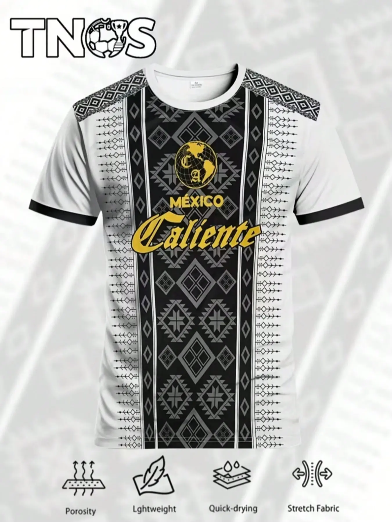 Men's Aztec Printed Soccer Shirt, Short Sleeve Jersey, Comfortable Mexican Crew Neck Top Soccer Jerseys for Match Day, Fitness Training and Casual Wear