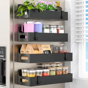 4-Pack Black Magnetic Spice Rack for Refrigerator, Fridge Magnetic Shelf Holder with 4 Hooks for Kitchen Organization & Storage