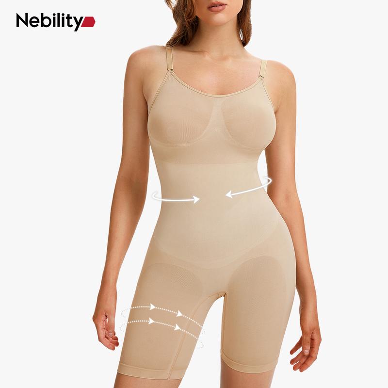 Nebility Women's Seamless V-Neck Bodysuit - Full Body Stretchy Shapewear, High Waist Shaping, Comfortable Breathable Fabric, Basic Black (Fitted) Minimalist Womenswear Black(Fitted)