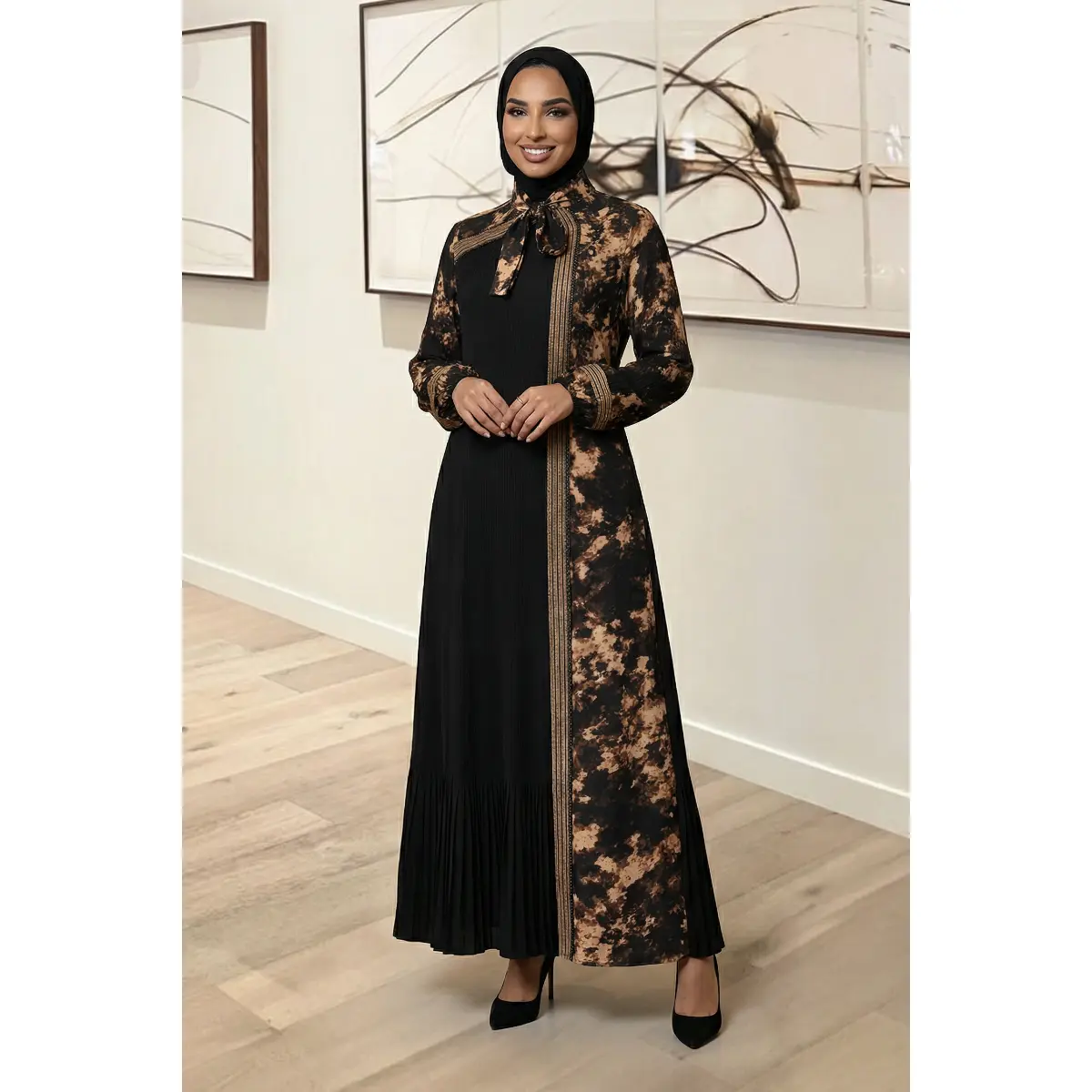 Layali Noir Modest Women's Islamic Formal Evening Dress - Chic Long Sleeve Full-Length Maxi, Crepe Fabric, Abstract Marbled Print Accents, Statement Bow Neckline