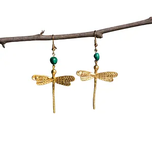 Art Nouveau Inspired Dragonfly Earrings with Malachite