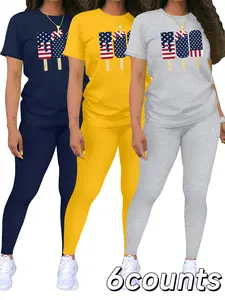 Women's American Flag Print Crop Tee & Skinny Pants Set, Casual Fashion Cozy Round Neck Short Sleeve T-shirt & Trousers for Daily Outdoor Wear, Ladies Clothes for Spring Fall, Suits