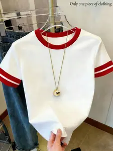 Women's Colorblock T-Shirt Spring Summer New, Vintage Baseball Style Short Sleeve, Sweet Loose Fit Casual Top for Daily Commute