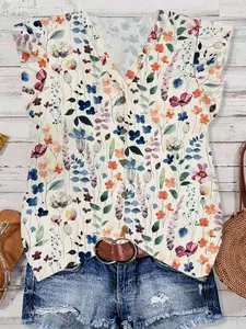 Front Button Wildflower Print Fitted Blouse Shirt, Short Sleeve Ruffle V-Neck Summer Top, Stylish Floral Design, Perfect for Warm Weather