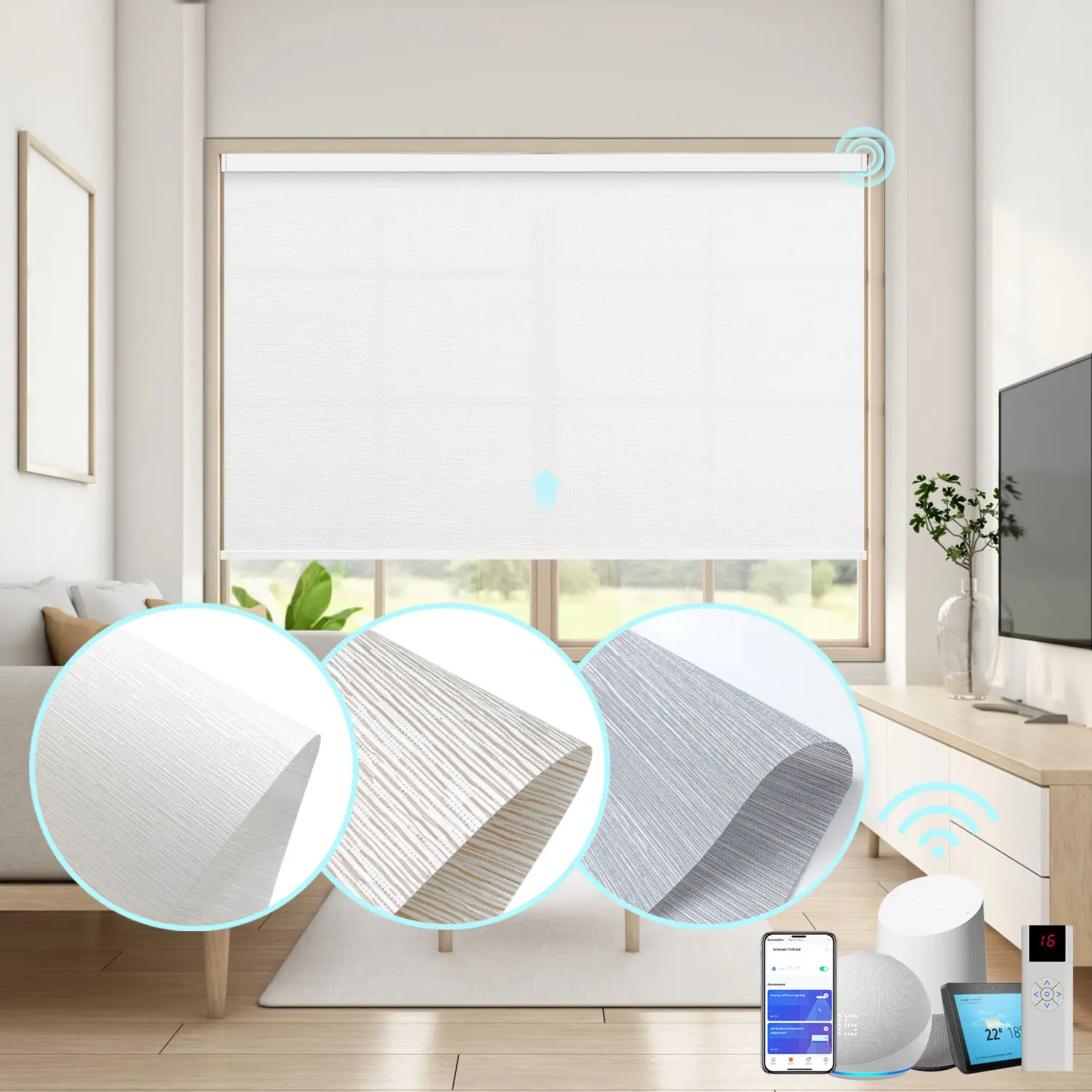 Motorized Customized Cordless Bluetooth Rechargeable Polyester Light Filtering Auto Blinds (31"-42" W, 36" W x 72" H) - Wi-Fi Smart Day Blind, Alexa Voice Dimming, Fade-Resistant Flat Weave, Adjustable Height, Indoor Bedroom Use, Bed-From-Remote Control