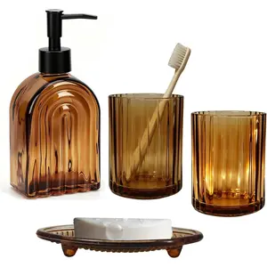 Glass Bathroom Accessories Set,13.5oz 4 Pcs Liquid Arch Design Hand Soap Dispenser Set with Stripe Toothbrush Holder, Mouthwash Cup, Soap Dish for Bathroom(Amber)