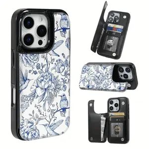 Creative Retro Blue and White Floral Pattern Leather Card Holder Phone Case, Suitable for iPhone 17 Air/16 Plus/15 Pro Max/14 Pro/13/12/11/XS Max/X Phone Case, Perfect Gift for Thanksgiving and Christmas for Family, Friends, Lovers, Boyfriend, Girlfriend