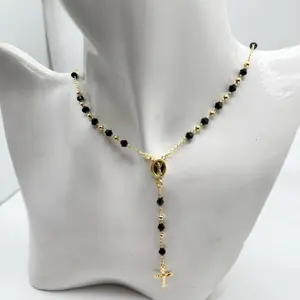 18k Gold Plated 18" Rosary with Black and Gold Beads Elegant Catholic Jewelry for Women