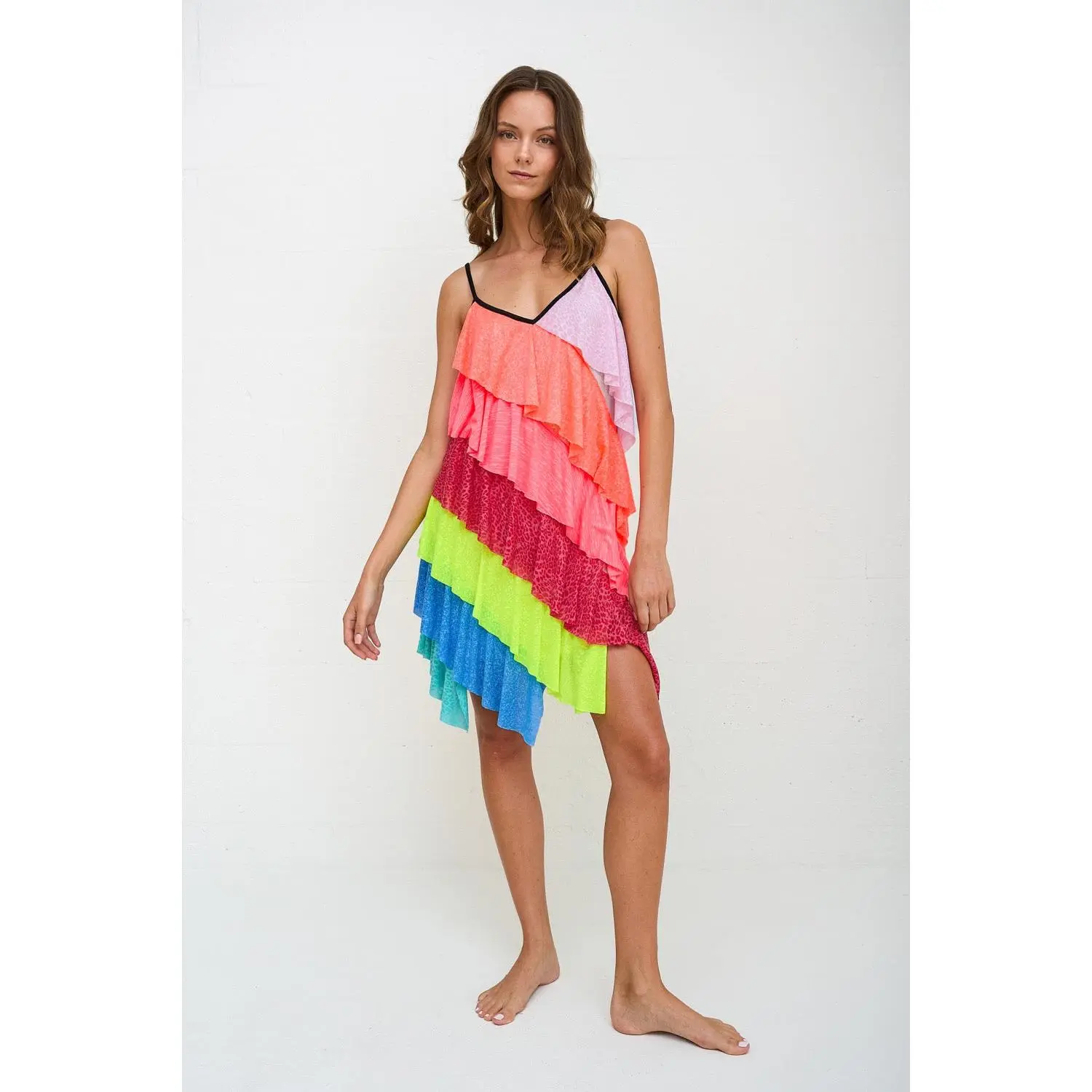 Asymmetrical Rainbow Mini Dress for Women, Casual 1-Shoulder Style with Diagonal Stripes and a Playful Hem, Rainbow Casual Dresses