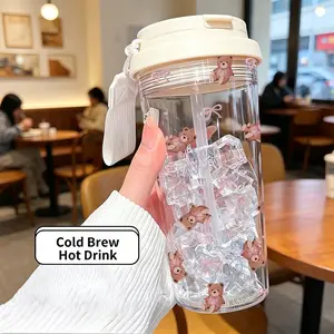 500ML Bear Print Cup, Durable Reusable Plastic Bottle, Lightweight with Straw and Handle, Ideal for Cold and Hot Drinks, Perfect Gift