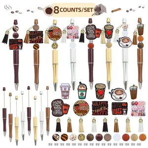 Coffee Themed Beaded Pen Set, 8 Counts/set DIY Beaded Pen with Silicone Beads & Tassel Pendant, Creative DIY Jewelry Making Kit, Ballpoint Pen Kit