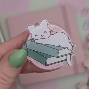 Magnetic Phone Grip Cat on Books Acrylic Phone Grip, Kindle / Tablet Holder, Desk Stand