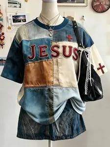 American Vintage Denim Patchwork Jesus Embroidery Loose Fit Short Sleeve T-Shirt, Casual Loose-Fitting T-Shirt, All over Print Design