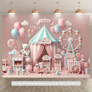 2D Flat, 1pc Circus Carnival Party Backdrop - Pastel Pink, Blue, White, Golden Circus Theme with Tent, Candy, Balloons - Lightweight Polyester Fabric Banner for Birthday, Wedding, Photo Booth Decorations - Indoor/Outdoor Decoration No Electricity Needed