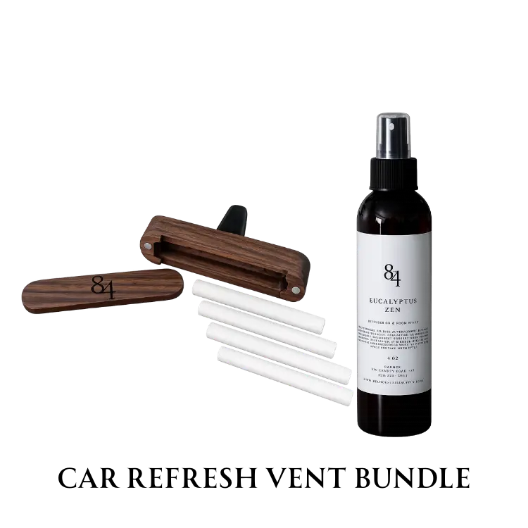 84 Luxe - Car Refresh Vent Bundle - Room Spray & Luxury Wooden Vent Clip with 4 Diffuser Oil Refill Stick