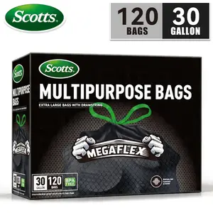 Scotts 30gal Sturdy Trash Bags, 120 Boxed Disposable Black Drawstring Bags - Non-Tear, Ultra-Strength, Leak-Proof, Easy-To-Use for Large Kitchen Trash Cans, Home Multipurpose Cleaning Supplies