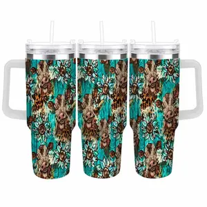 Cow Print Car Cup (40oz/30oz/20oz) Turquoise Sunflower and Leopard Pattern  Stainless Steel Insulated Tumbler  Durable Double Wall  Ideal for Travel  Office  Farmhouse Kitchen  Birthday Gift  Outdoor Picnic