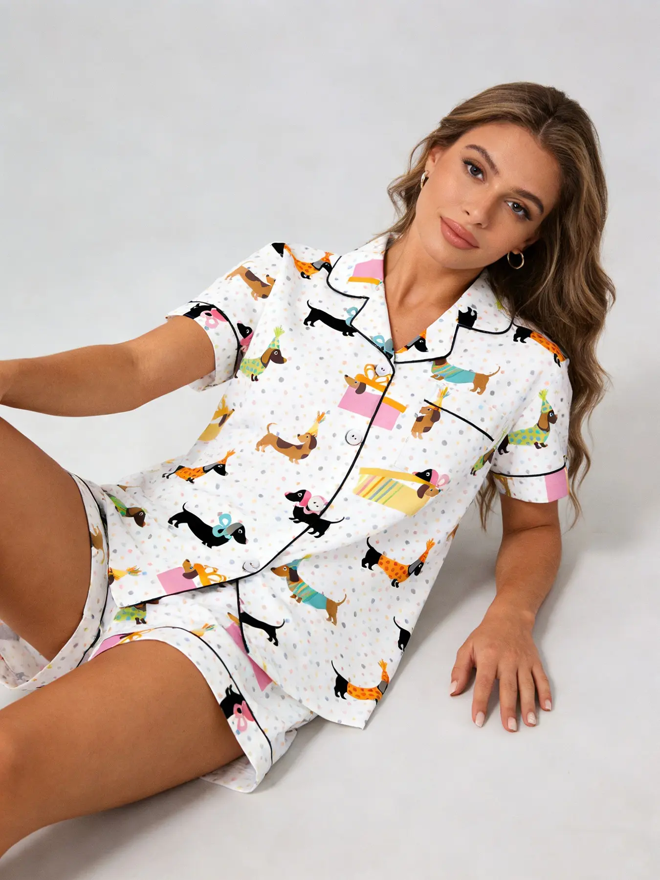 White Party Dachshund Print Cartoon Print Pajama Set Pyjamas for Women, Button Down Short Sleeve, Spring & Summer Loungewear, Pajamas Lounge Set, Black Trim Accents, Fun Cozy Home Outfit Pjs