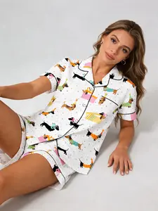 White Party Dachshund Print Pajama Set Pyjamas for Women, Button Down Short Sleeve, Spring & Summer Loungewear, Black Trim Accents, Fun Cozy Home Outfit