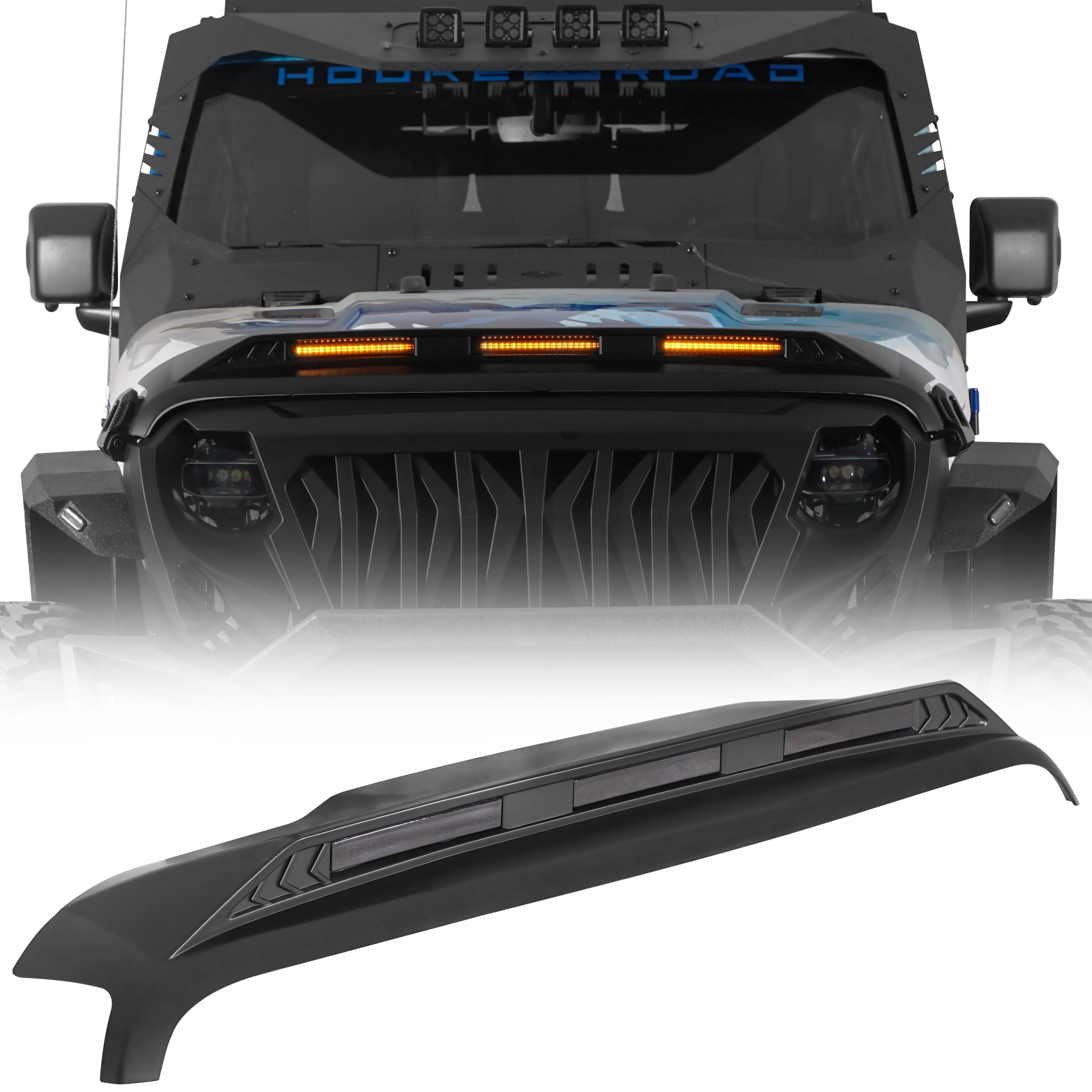 Hooke Road Automotive Hood Protector w/ Amber Lights & Stone Guard, Plastic Polypropylene Car Accessories for 2018-2024 Jeep Wrangler JL, 2020-2024 Gladiator JT, Car Hood Cover