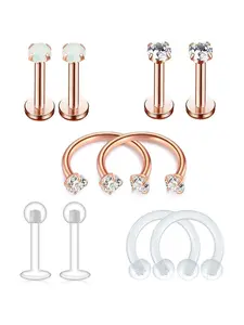 10 Pcs Rose Golden Glamorous Piercing Jewelry Set for Women Men Piercing Jewelry with Beautiful Opal Sparkling CZ Classic Acrylic Stainless Steel Cartilage Earring Studs Delicate Horseshoe Hoops Nose Rings