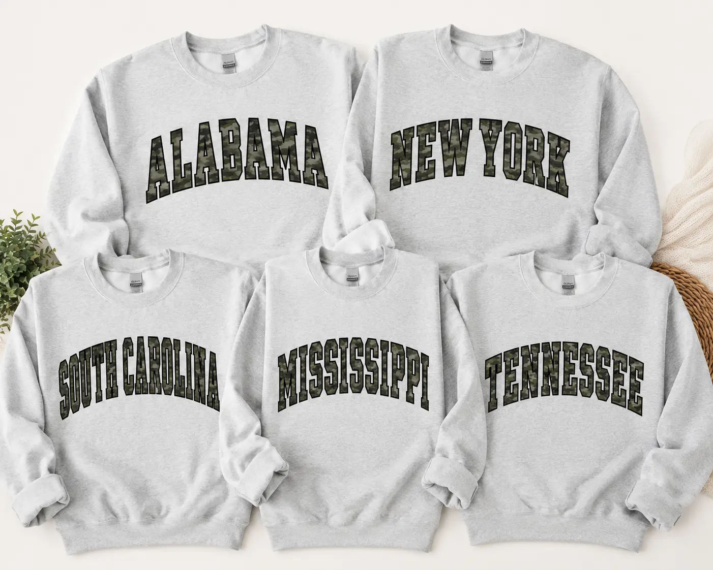 Camo State Name Sweatshirt Comfortable Fall Varsity Pullover Women's Fashion Crew Neck Texas Tennessee Kentucky Alabama Casual Womenswear
