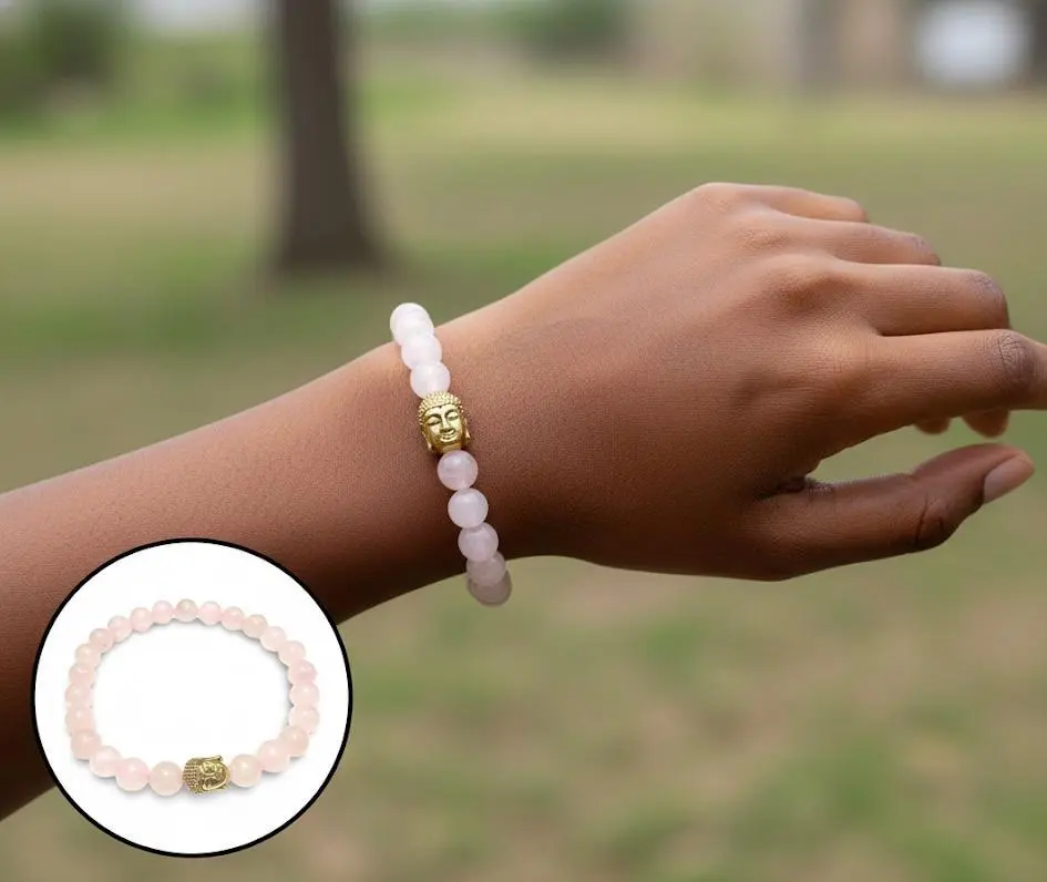 Women's Hand-Made Rose Quartz Buddha Bracelet with Stretchy Elastic, Emotional Healing, Minimalist Energy Beads