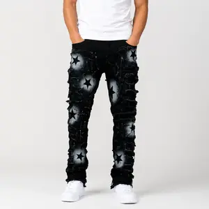 Men's Slim Fit Ripped Jeans, Skinny Stacked Denim Pants with Skull Embroidered & Printed Detail, Stretch Casual Streetwear Bottoms for Daily Party Club Wear, Black Blue Gray, Comfort Flex Waist, Menswear Trouser summervibes stack