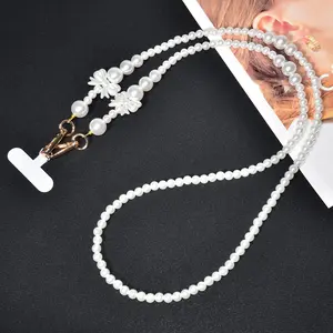Butterfly Knot Imitation Pearl Phone Case Crossbody Chain, Simple And Fashionable Luxury Smartphone Anti-Loss Long Lanyard, Handmade Beaded Bag Replacement Chain For Women, Phone Charms, Cell Phone Charm