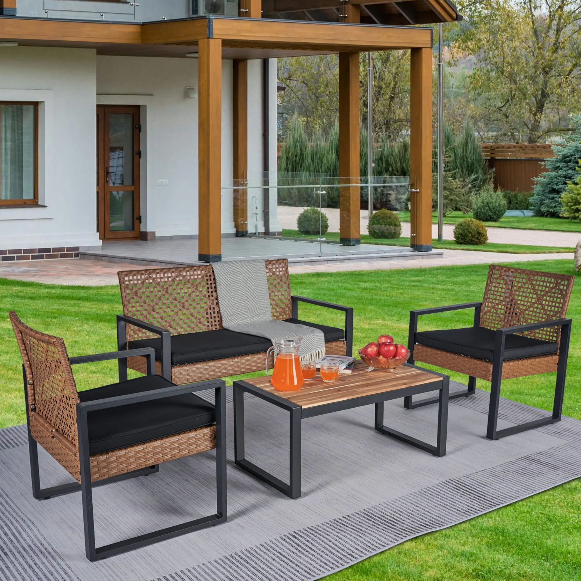Wicker Patio Furniture Outdoor Conversation Set of 4, Acacia Wood Table, 2 Rattan Chairs, Loveseat, 2” Cushions, All-Weather, Easy Assembly, Patio Furniture Sets, Porch Furniture Set