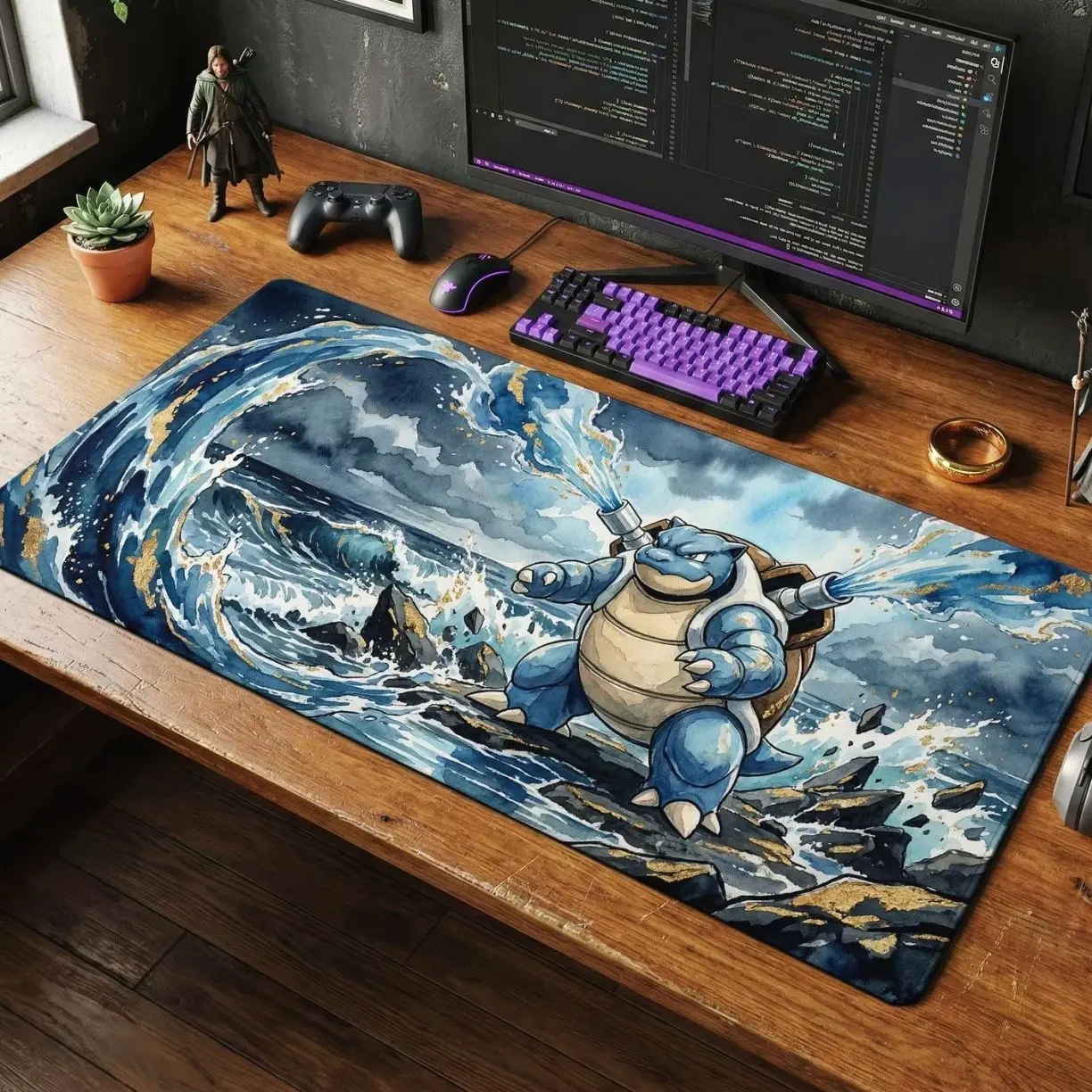 Blastoise Desk Mat, Water Art Mouse Pad, Large Gaming Chair Mat, Ukiyo-e Anime PC Setup Accessories