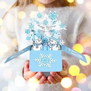 Christmas Pop Up Cards - Blue Glitter Snowflakes, Snowflakes Winter Birthday Wishes, Snowman Pop Up box card, Handmade 3D Popup Greeting Cards for Christmas Holiday Xmas Gifts Card
