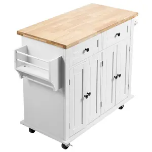 Kitchen Island Cart with Solid Wood Top 35.4" Width Mobile Carts with Storage Cabinet Rolling Kitchen Table with Spice Rack Towel Rack and Drawer Portable Islands on Wheels White