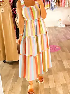 Summer Casual Boho Wear Striped Print Elastic Pleated Ruffle Multi-Layer Long Dress, Women's Fashionable Loose-Fitting Maxi Dress