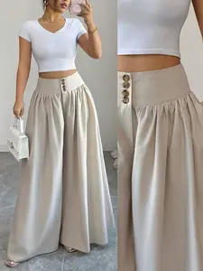 Elegant High-Waisted Wide-Leg Pants, Bohemian Button Decor Long Trousers, Ruched Design for Volume, Spring Summer Women's Palazzo Pants